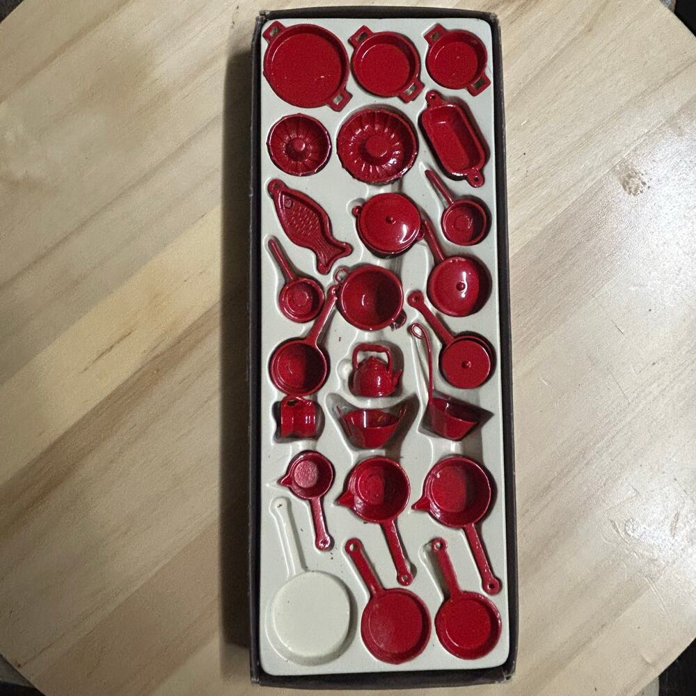 Vintage Red Miniature Doll Dishes Cast Iron Metal